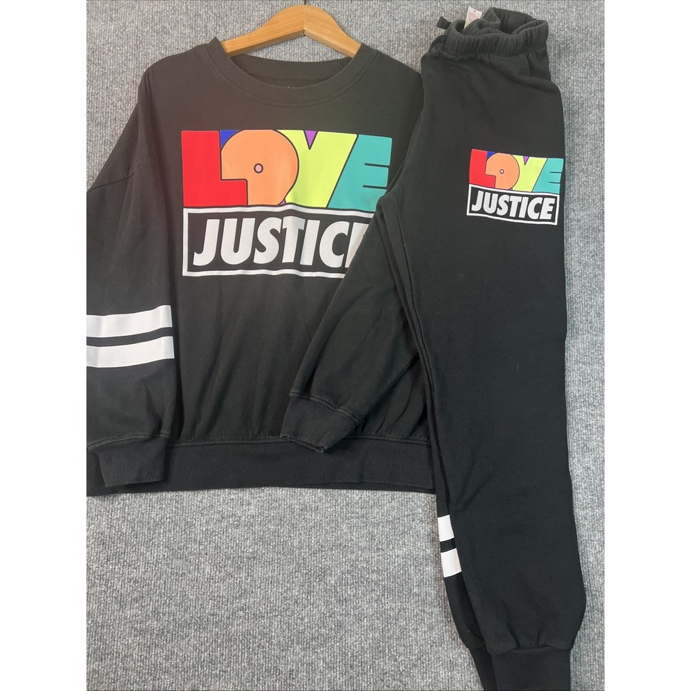 Justice Girls XL (16) Black LOVE Rainbow Graphic Sweatshirt & Jogger Pants Set